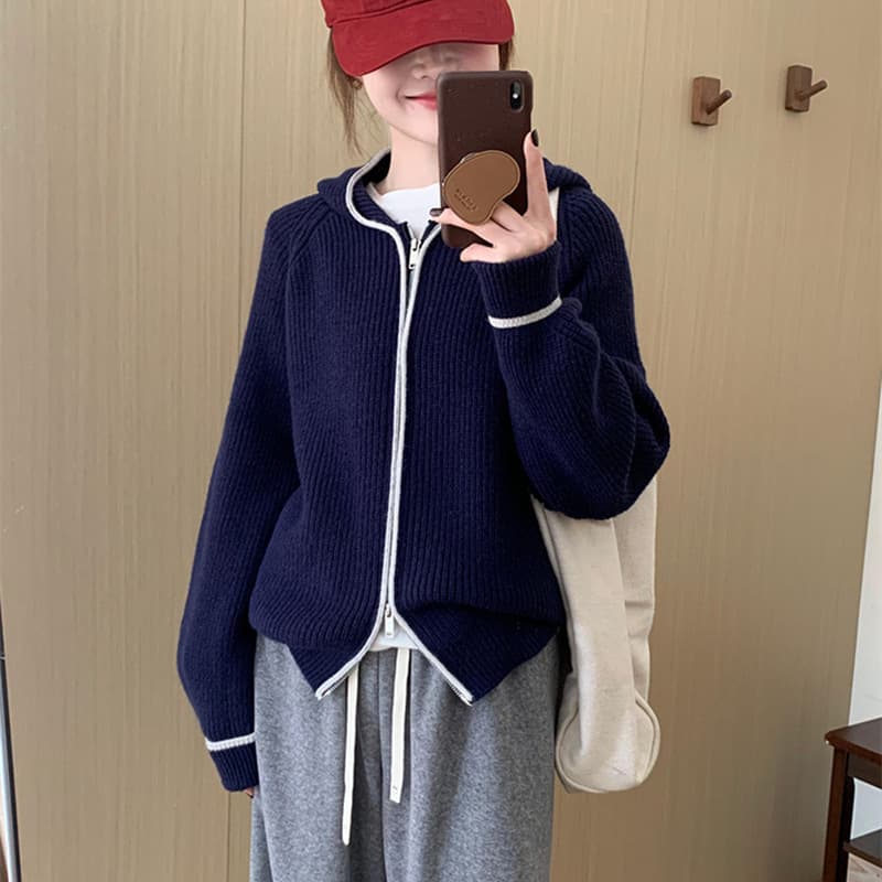 シンプルリブ編みジップパーカー